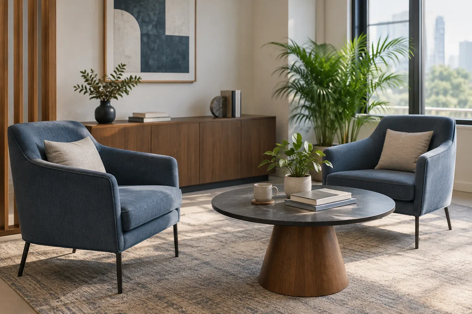 A quiet meeting area with two chairs and natural light.