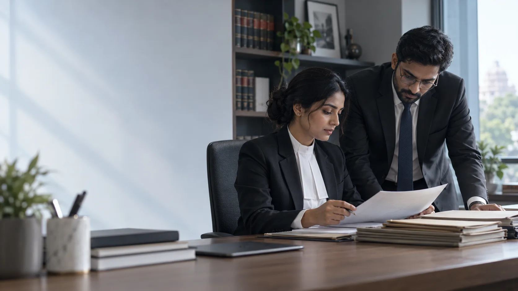 Two legal professionals reviewing a document in a contemporary Indian office