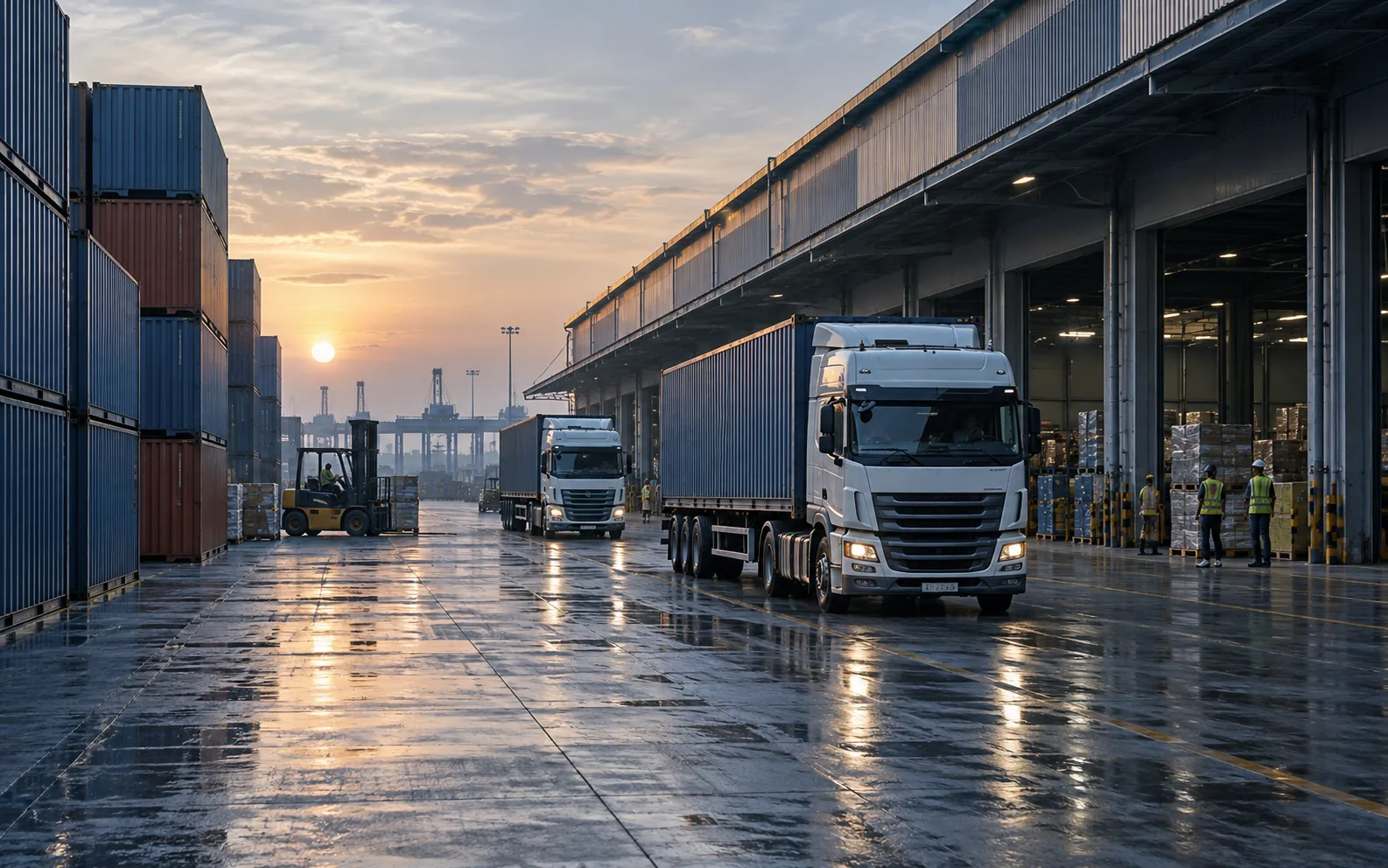 Freight trucks and containers at a logistics terminal