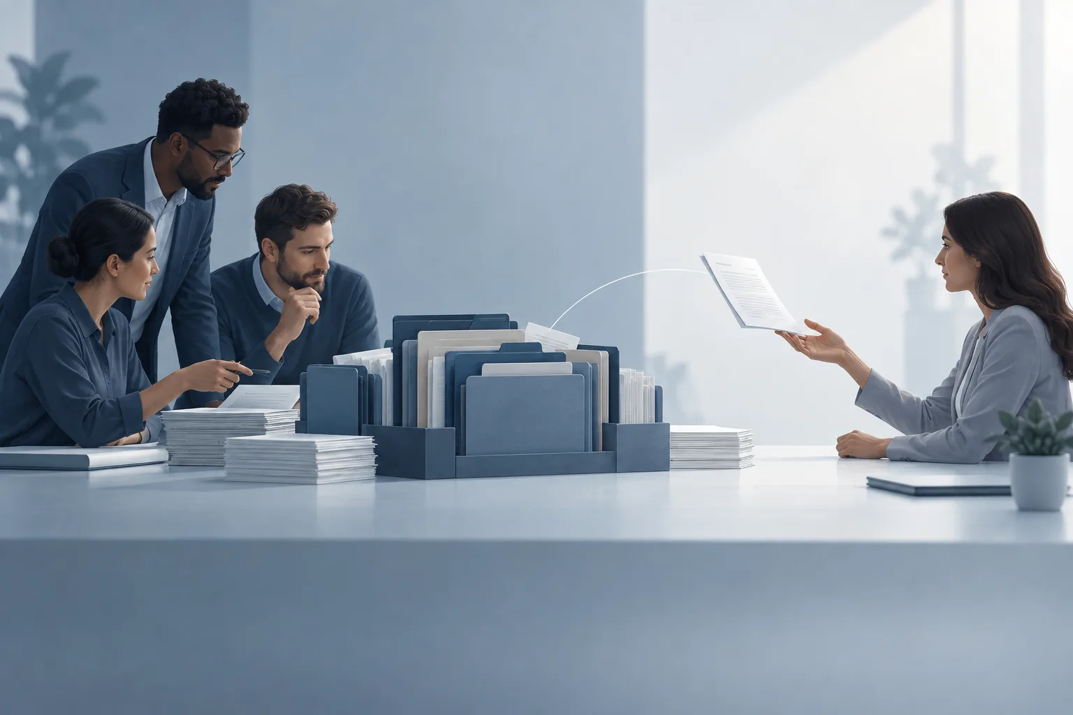 Editorial illustration of a team working with organised case folders while one selected document is shared with an individual.