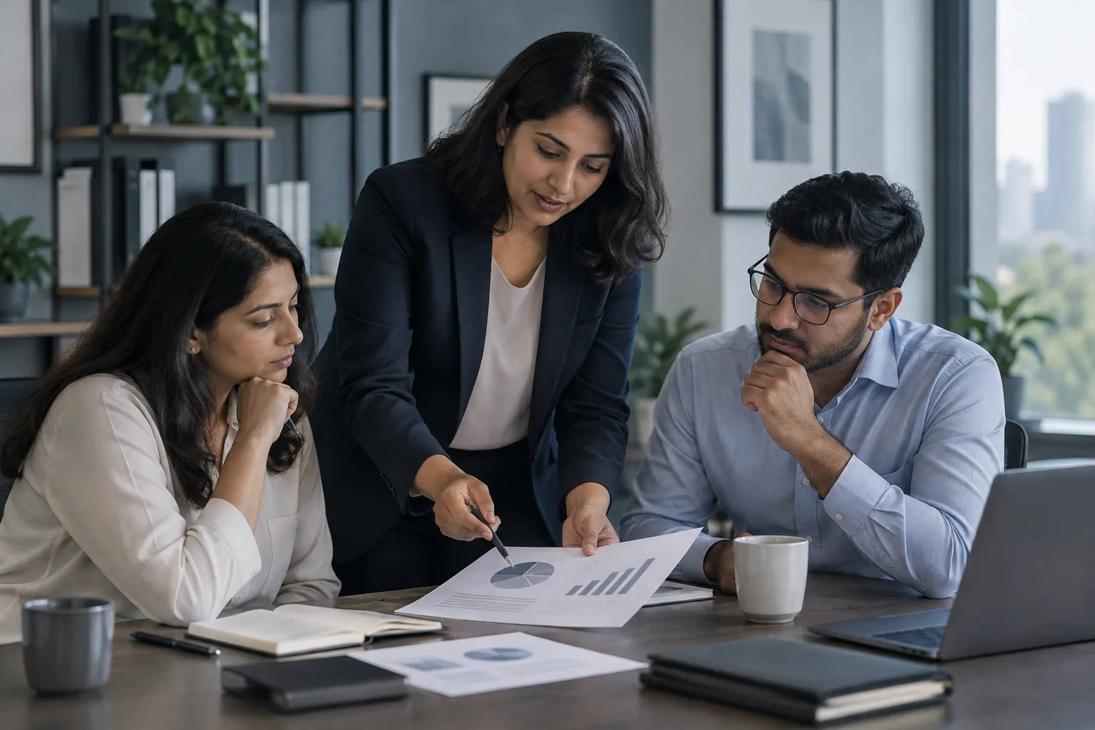 An Indian legal operations lead and colleagues discussing a printed practice review.