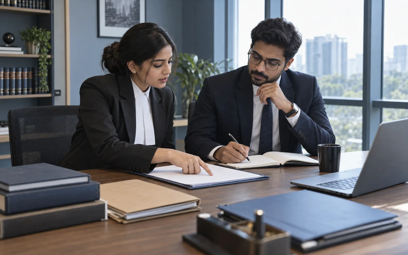 Two legal colleagues coordinating hearing preparation around a shared desk.