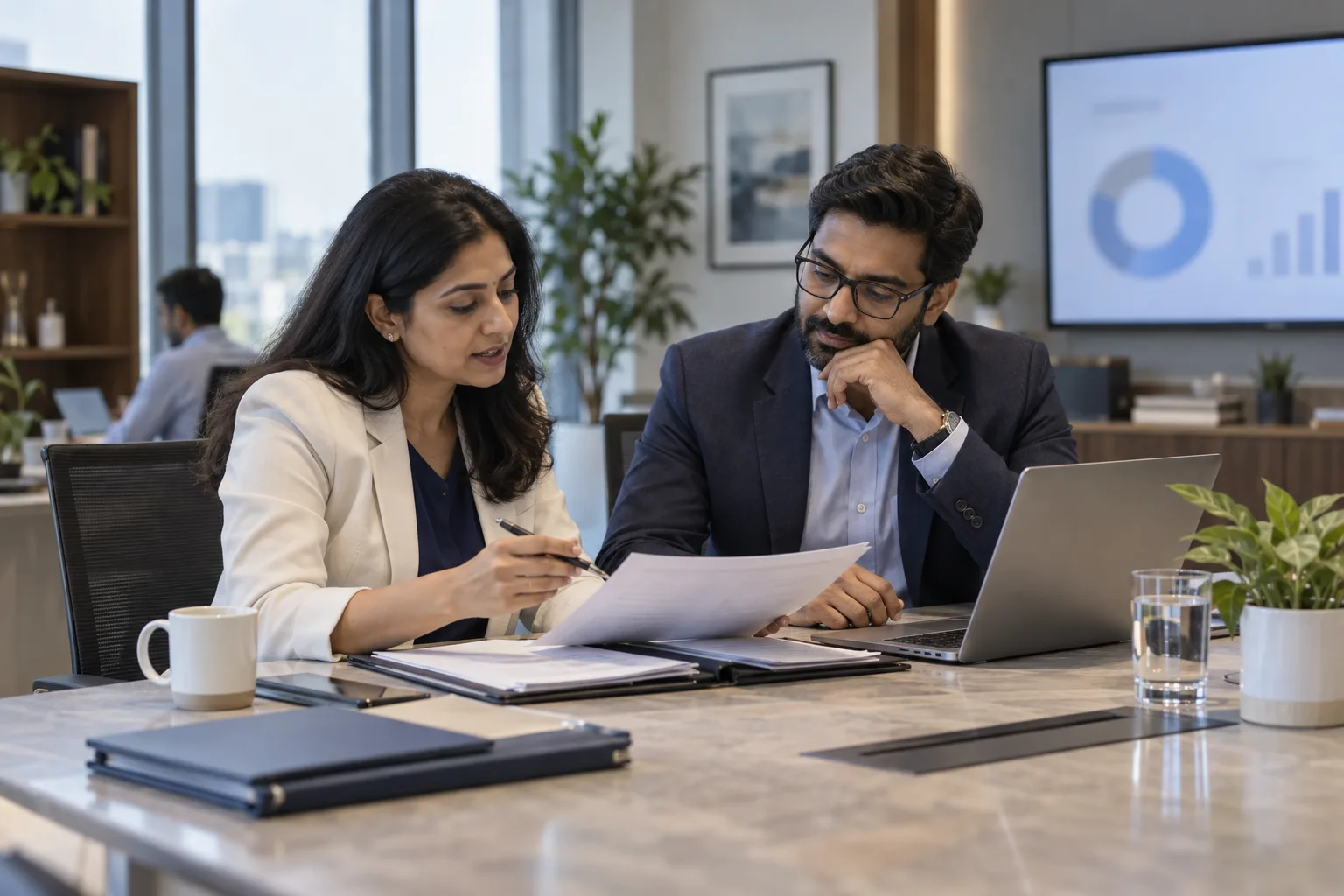 An Indian in-house legal lead and operations colleague reviewing organised portfolio folders.
