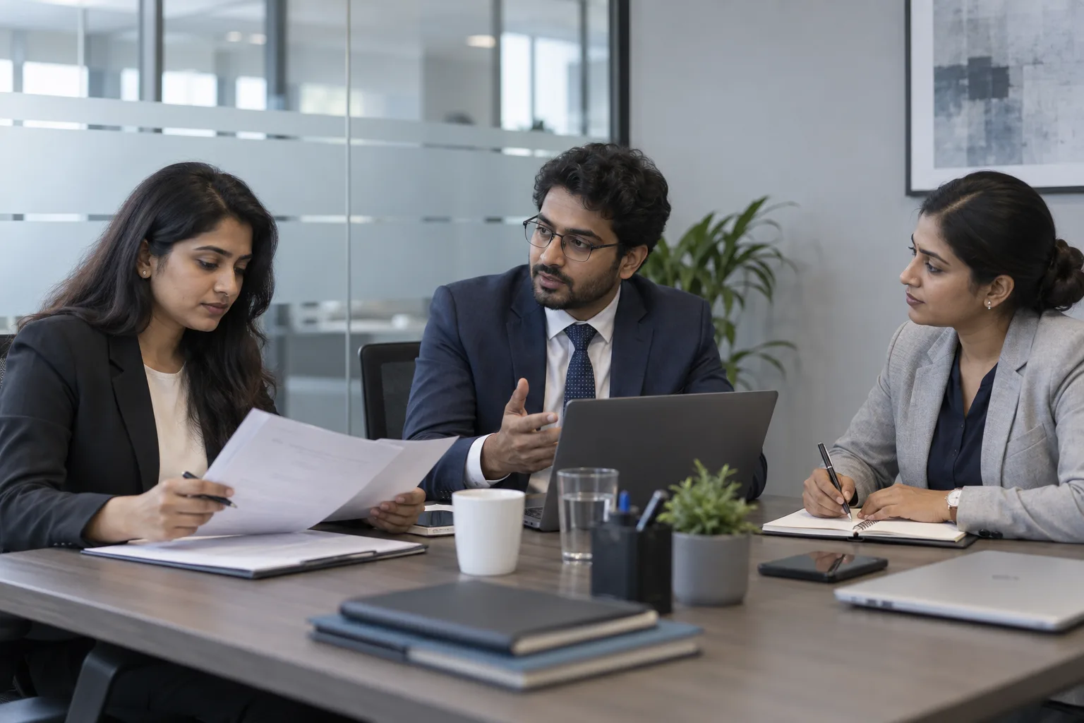Three Indian legal operations colleagues reviewing a process document and recording agreed actions.
